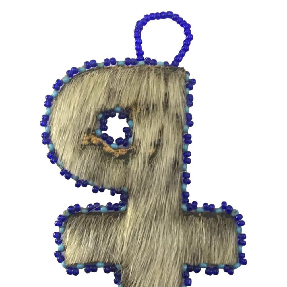 Unique Handmade Animal Hide Chi Rho Cross Ornament with Blue Seed Bead Trim - Picture 4 of 4